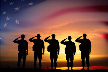 the silhouettes of three men in front of an american flag, with the sun setting behind them to the horizon. Generative AI