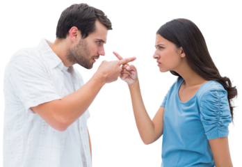 Angry couple pointing at each other