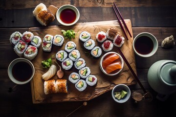 Fototapeta na wymiar Realistic sushi with chopstick on wood board