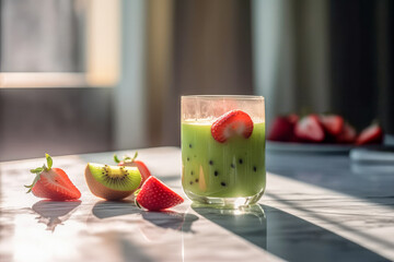 Glass with tasty kiwi strawberry smoothie on marble table in the kitchen. ai generated.