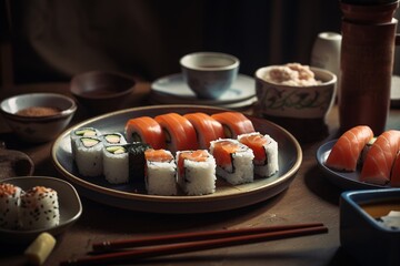 Realistic sushi with chopstick on plate