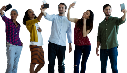 Business people taking selfie through mobile phone against white background