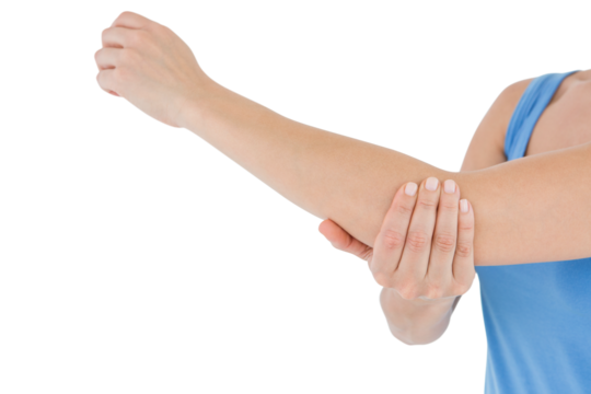 Woman touching her painful elbow 