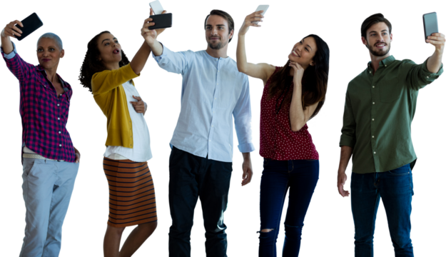 Business people taking selfie through mobile phone against white background - Powered by Adobe