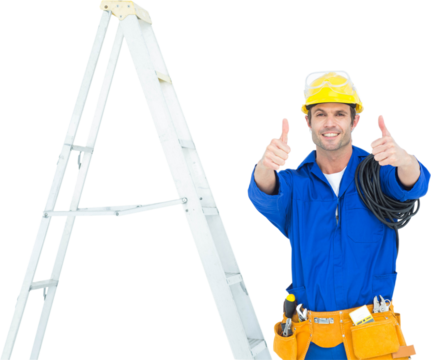 Happy electrician gesturing thumbs up by ladder