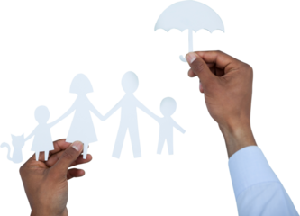 hand holding an umbrella and a family in paper