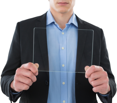 Mid section of businessman showing transparent glass interface