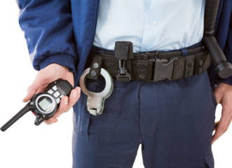Mid section of security officer holding a walkie talkie