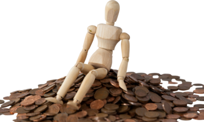 3d image of wooden figurine sitting on coins 
