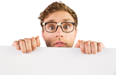 Geeky hipster showing a card