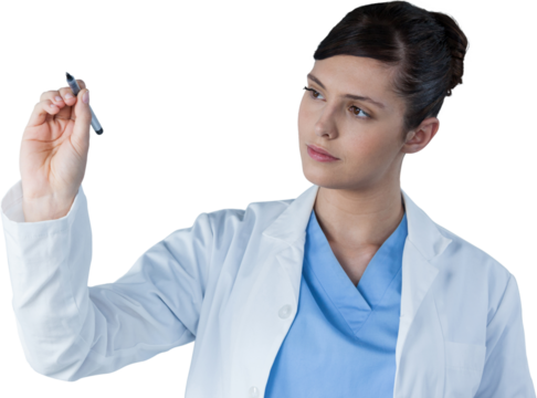 Serious scientist writing on glass wall - Powered by Adobe