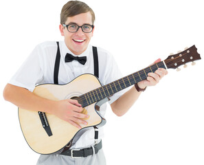 Geeky hipster playing guitar and singing