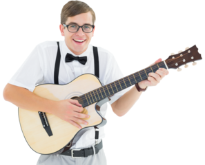 Geeky hipster playing guitar and singing