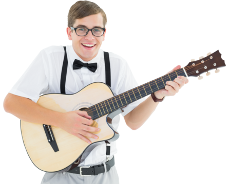 Geeky hipster playing guitar and singing