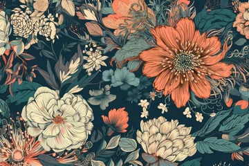 Gardinen bright floral wallpaper with orange and blue flowers. Generative AI © AkuAku