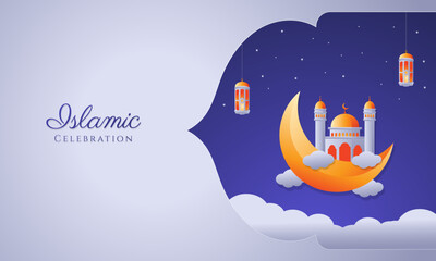 Islamic celebration background with moon, stars, lantern, mosque in the clouds. - Vector.
