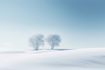 two trees standing in the middle of a snow covered field with blue sky and white clouds behind them on a sunny day. Generative AI