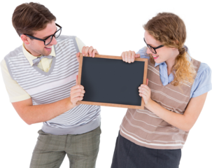 Geeky hipster couple holding little blackboard