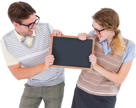 Geeky hipster couple holding little blackboard