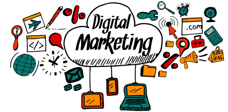 Composite image of digital marketing icons