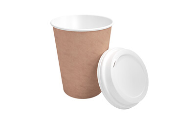 Cup in front of its cover over white background
