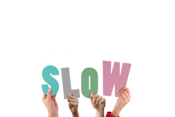 Cropped hands holding colorful alphabets forming slow