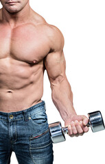 Fototapeta na wymiar Midsection of bodybuilder exercising lifting dumbbells