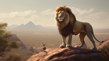 Majestic Lion Standing on a Rock Overlooking a Vast Savannah With Copy Space
