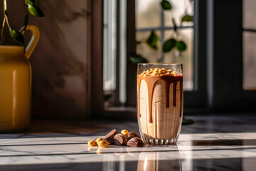 Glass with tasty  Chocolate-Peanut Butter Swirl smoothie on marble table in the kitchen