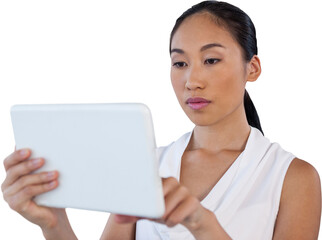 Close up of young businesswoman using tablet computer