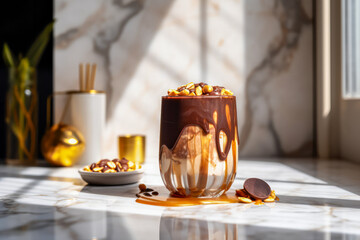 Glass with tasty  Chocolate-Peanut Butter Swirl smoothie on marble table in the kitchen