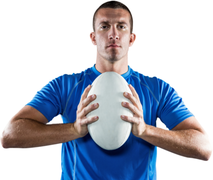 Portrait of confident sports player in blue jersey holding ball