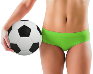 Fit girl in green bikini holding football