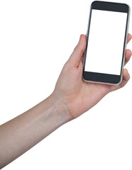 Hand holding mobile phone against white background