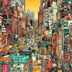 Fototapeta na wymiar seamless Pop Art New York City the vibrancy and energy of the city that never sleeps with cars, ads, buildings, yellow taxi. generative ai