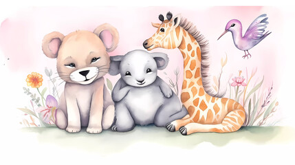 Plakat Cute Animal Friends Watercolor _Generative Ai