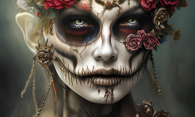 Close Up Horror Skeleton Face Make up Woman with Roses and Stitched Mouth Generative Ai Illustration