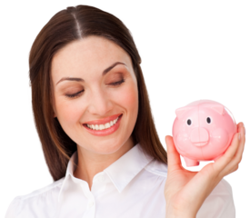 Confident businesswoman holding a piggybank