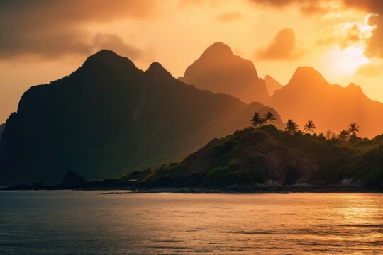 Sunset over a tropical island, with palm trees and rolling mountains