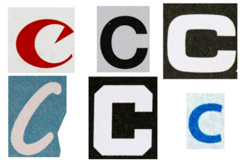 Letter font c from printout magazine cut out, collage element.