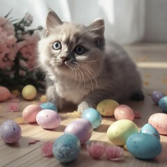 Fototapeta na wymiar beautyful sweet grey tabby Baby Cat lies in a room in front of the window and looking on many different beutyful easter eggs Generative AI