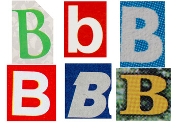 Letter font b from printout magazine cut out, collage element.