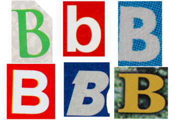 Letter font b from printout magazine cut out, collage element.