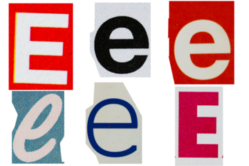 Letter font e from printout magazine cut out, collage element.