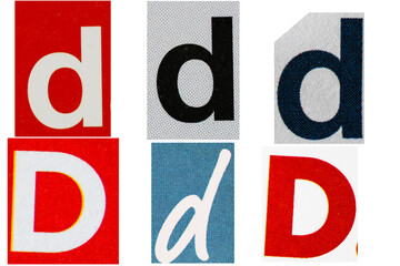Letter font d from printout magazine cut out, collage element.