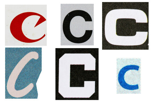 Letter font c from printout magazine cut out, collage element.