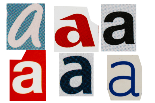 Letter font a from printout magazine cut out, collage element.