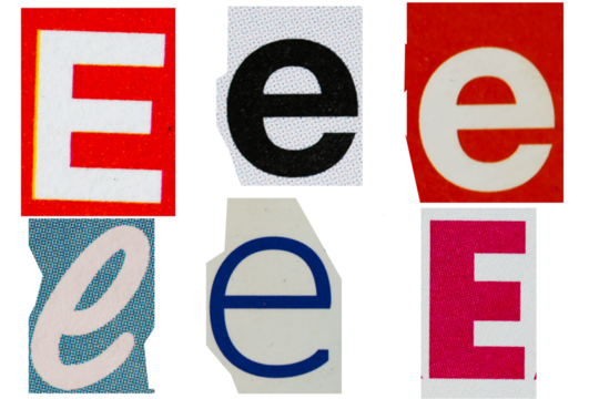 Letter font e from printout magazine cut out, collage element.