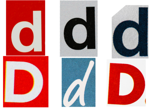 Letter font d from printout magazine cut out, collage element.