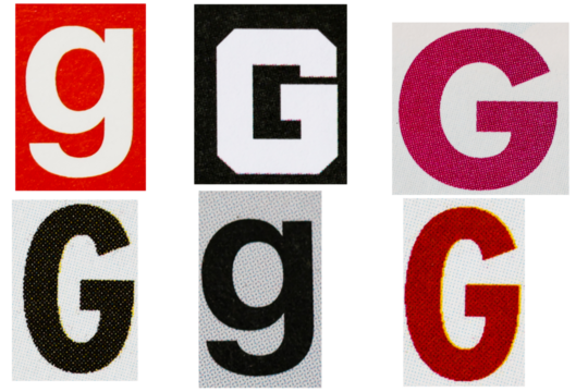 Letter font g from printout magazine cut out, collage element.